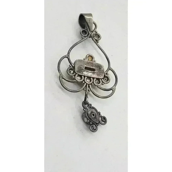 Vintage Pendant 925 Sterling Silver Genuine Pearl & Topaz Large Fancy - Picture 7 of 9